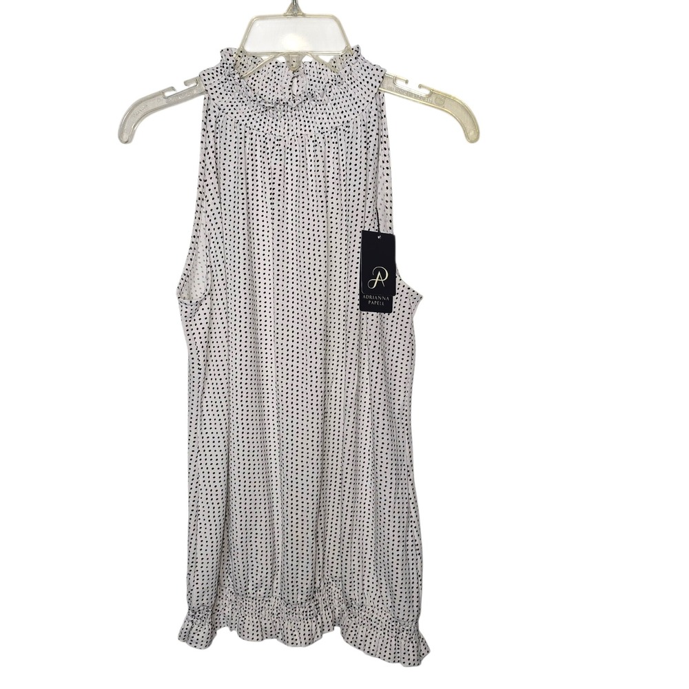 Adrianna Papell Womens Polka Dot Smocked Halter Blouse White Black Medium NEW